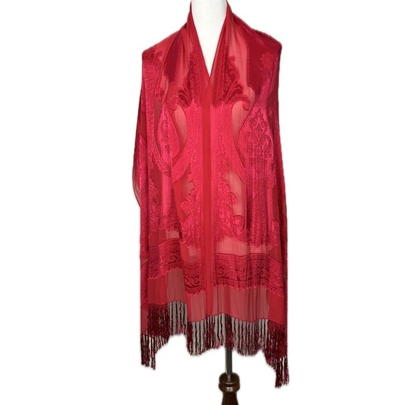 Coldwater Creek Silk Blend Embossed Sheer Chiffon Fringe Wrap Shawl Boho Fairy - Picture 7 of 14